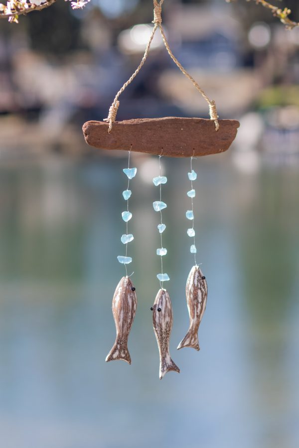 Three Fish Upcycled Driftwood & Glass Bead Chime For Sale