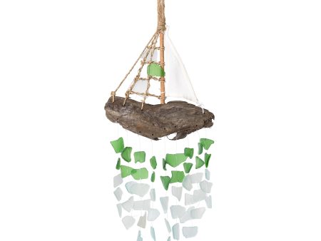 Driftwood Sailboat with Upcycled Glass Chimes - Aqua, Green Online now