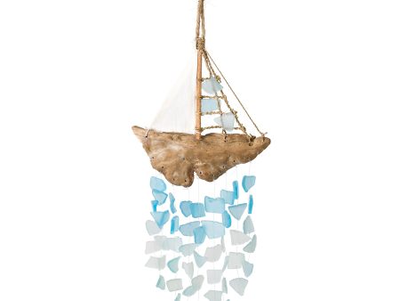 Driftwood Sailboat with Upcycled Glass Chimes - Aqua, Turquoise, For Sale