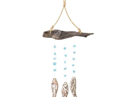 Three Fish Upcycled Driftwood & Glass Bead Chime For Sale