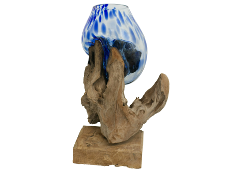 18  Standing Blue-Dotted Molten Glass on Teak Wood Sculpture Online Hot Sale