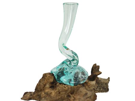 Twisty Molten Glass Skinny Vase on Gamal Root Base For Sale